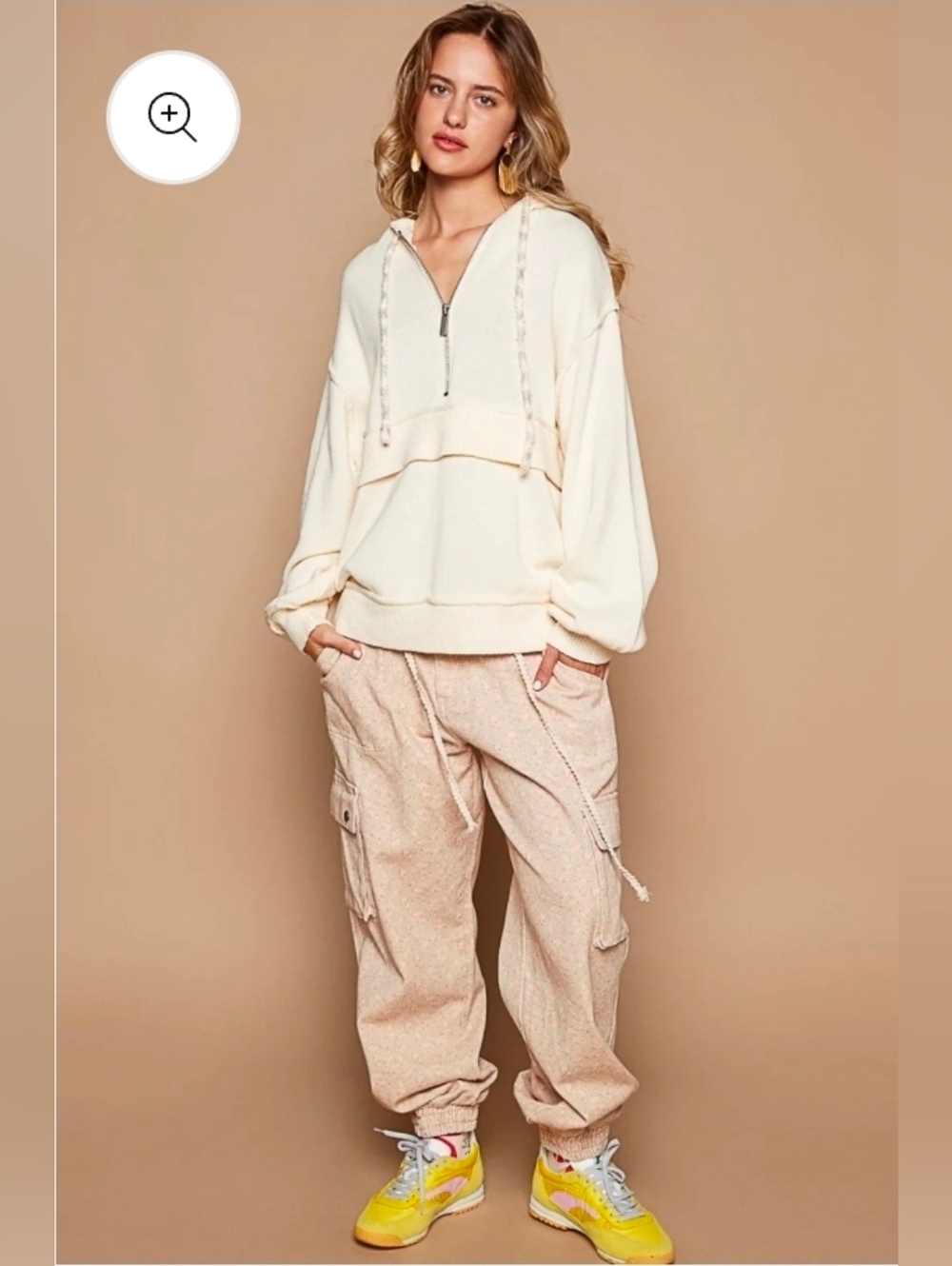 POL Oversized Half-Zip Hooded Sweater Cream Boho Slouchy Drop Shoulder